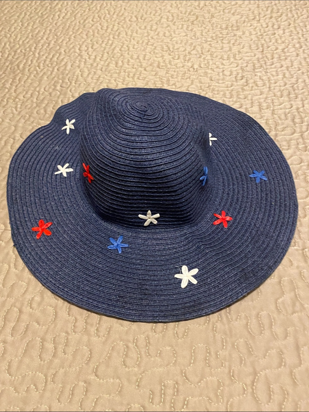 Navy Wide Brim Straw Hat with Red, White & Blue Flowers